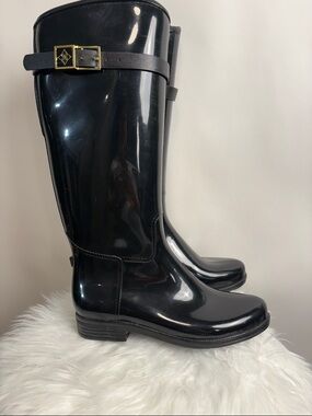 Glossy Black Tall Rain Boots with Decorative Buckle